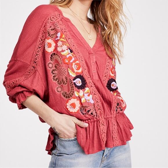 Free People Tops - Free People Serafina Embroidered Floral Crochet Boho Top in Sangria Combo S